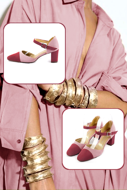 Women's raspberry red and dusty rose pink elegant closed-back heels, with an instep strap. Round toe. Medium block heels - Worn view